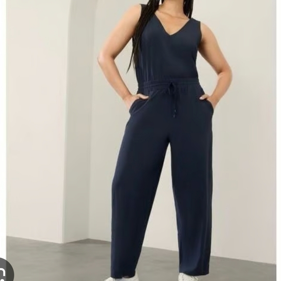 Athleta Pants - Athleta Avenue Navy Blue V-Neck Wide-Leg Jumpsuit